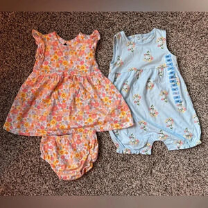 Carter’s Baby Girl Floral Bundle - dress (pink) and romper (blue), size 9 months